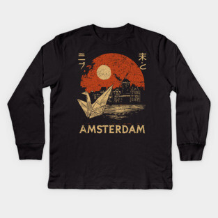 Amsterdam Harbor Ship at Sunset Japanese Style Poster Kids Long Sleeve T-Shirt