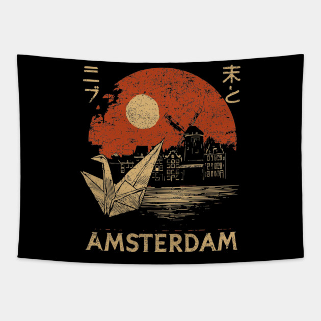 Amsterdam Harbor Ship at Sunset Japanese Style Poster Tapestry by TuncGK