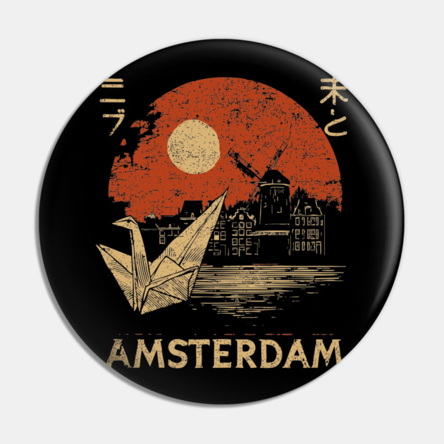 Amsterdam Harbor Ship at Sunset Japanese Style Poster Pin by TuncGK