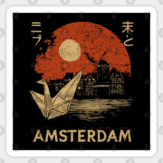 Amsterdam Harbor Ship at Sunset Japanese Style Poster Sticker by TuncGK