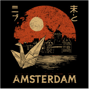 Amsterdam Harbor Ship at Sunset Japanese Style Poster Posters and Art