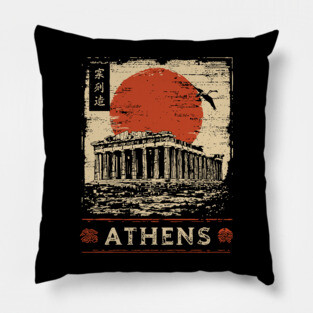 Athens Parthenon at Sunset Retro Japanese Art Style Pillow