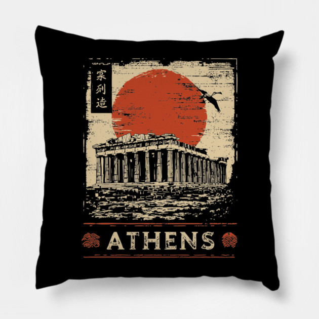 Athens Parthenon at Sunset Retro Japanese Art Style Pillow by TuncGK