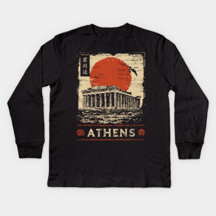 Athens Parthenon at Sunset Retro Japanese Art Style Kids Long Sleeve T-Shirt