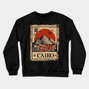 Cairo Pyramids with Red Sun – Vintage Japanese Style Print Crewneck Sweatshirt