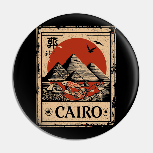 Cairo Pyramids with Red Sun – Vintage Japanese Style Print Pin by TuncGK