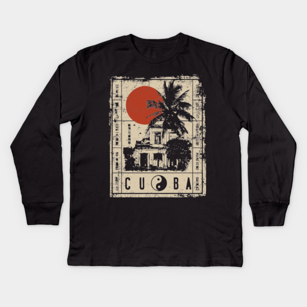 Havana Old Architecture Red Sun Travel Poster Kids Long Sleeve T-Shirt by TuncGK