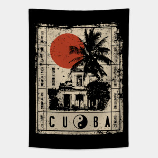 Havana Old Architecture Red Sun Travel Poster Tapestry
