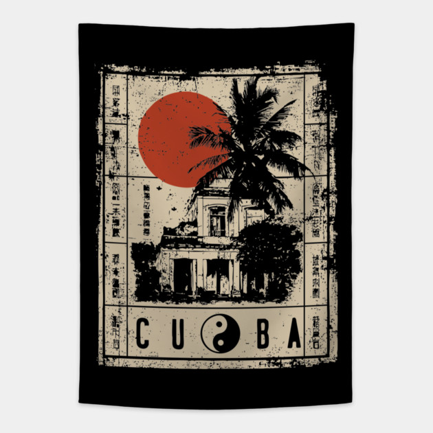 Havana Old Architecture Red Sun Travel Poster Tapestry by TuncGK