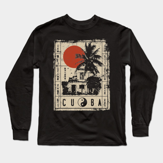 Havana Old Architecture Red Sun Travel Poster Long Sleeve T-Shirt by TuncGK