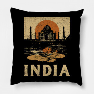 India Taj Mahal Red Sun Retro Art Print Pillow