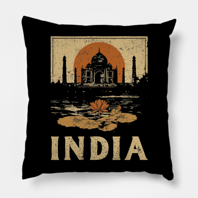 India Taj Mahal Red Sun Retro Art Print Pillow by TuncGK