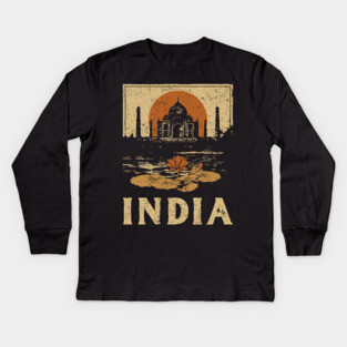 India Taj Mahal Red Sun Retro Art Print Kids Long Sleeve T-Shirt