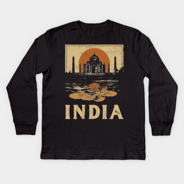 India Taj Mahal Red Sun Retro Art Print Kids Long Sleeve T-Shirt by TuncGK