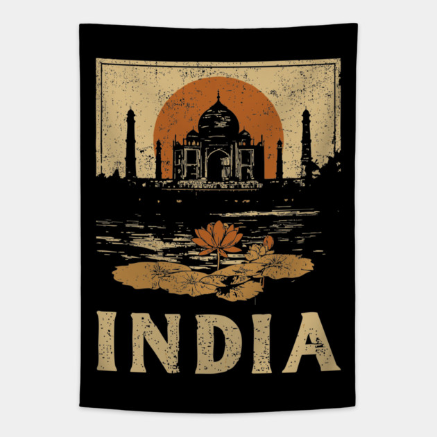 India Taj Mahal Red Sun Retro Art Print Tapestry by TuncGK