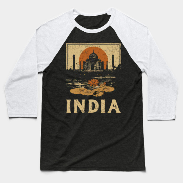 India Taj Mahal Red Sun Retro Art Print Baseball T-Shirt by TuncGK