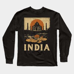 India Taj Mahal Red Sun Retro Art Print Long Sleeve T-Shirt