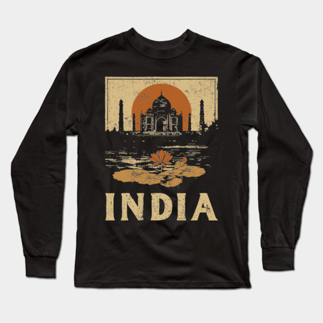 India Taj Mahal Red Sun Retro Art Print Long Sleeve T-Shirt by TuncGK
