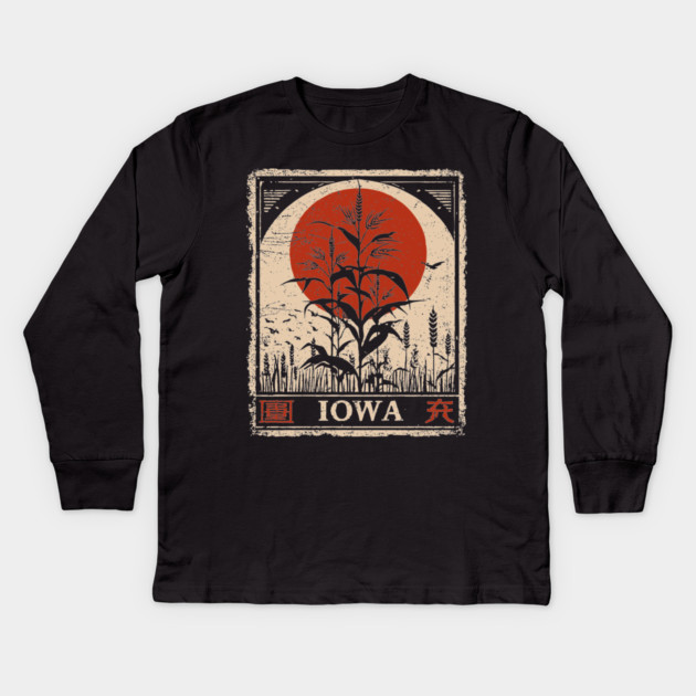 Iowa Cornfield Retro Poster in Japanese Minimalist Style Kids Long Sleeve T-Shirt by TuncGK