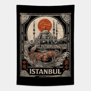 Istanbul Hagia Sophia in Retro Japanese Poster Style Tapestry