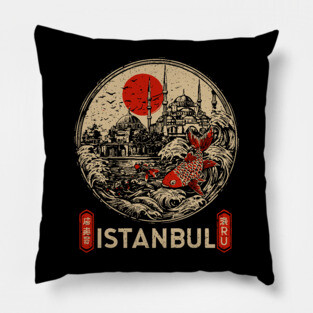 Istanbul Sultan Ahmet Mosque in Retro Japanese Poster Style Pillow