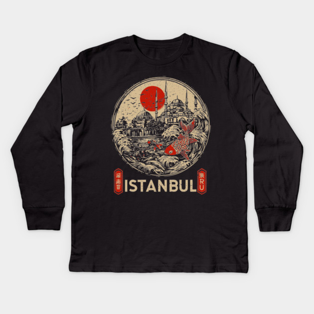Istanbul Sultan Ahmet Mosque in Retro Japanese Poster Style Kids Long Sleeve T-Shirt by TuncGK