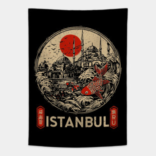 Istanbul Sultan Ahmet Mosque in Retro Japanese Poster Style Tapestry