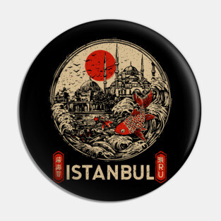 Istanbul Sultan Ahmet Mosque in Retro Japanese Poster Style Pin