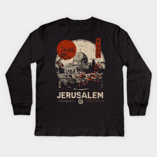 Jerusalem Dome of the Rock Red Sun Vintage Poster Kids Long Sleeve T-Shirt