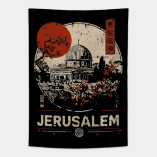 Jerusalem Dome of the Rock Red Sun Vintage Poster Tapestry