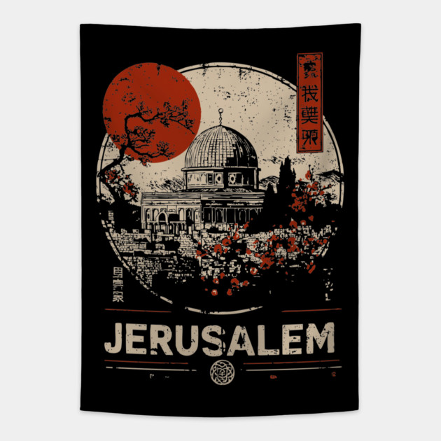 Jerusalem Dome of the Rock Red Sun Vintage Poster Tapestry by TuncGK