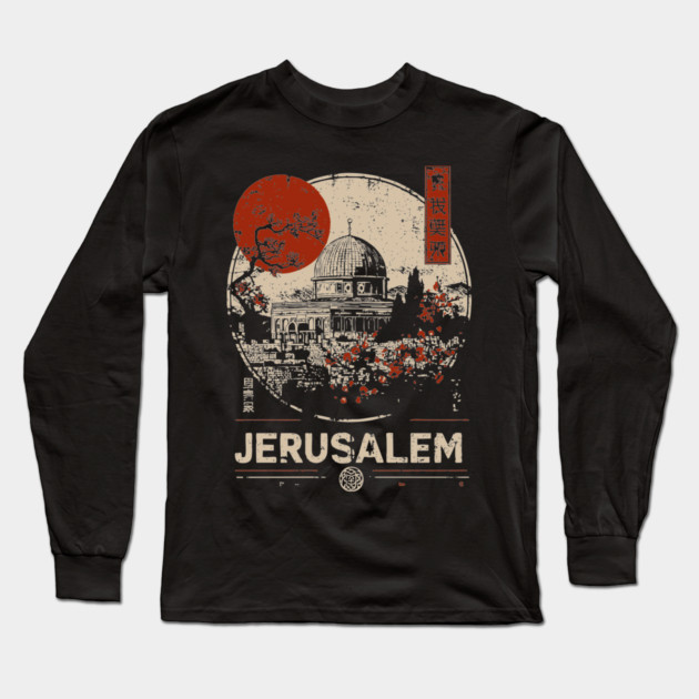 Jerusalem Dome of the Rock Red Sun Vintage Poster Long Sleeve T-Shirt by TuncGK