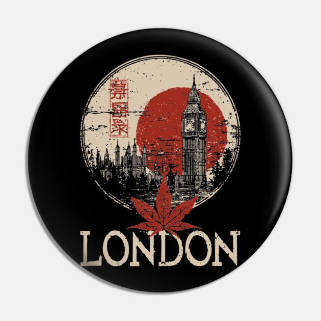 London Big Ben in Red Sun Japanese Style Poster Pin by TuncGK