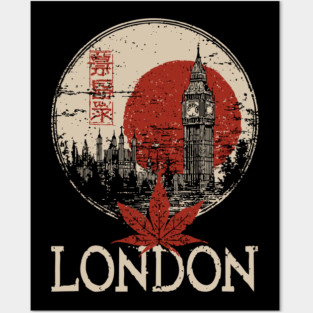 London Big Ben in Red Sun Japanese Style Poster Posters and Art