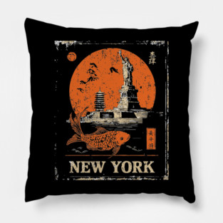 Statue of Liberty Retro Japanese Art Print Pillow