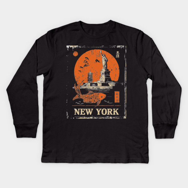 Statue of Liberty Retro Japanese Art Print Kids Long Sleeve T-Shirt by TuncGK