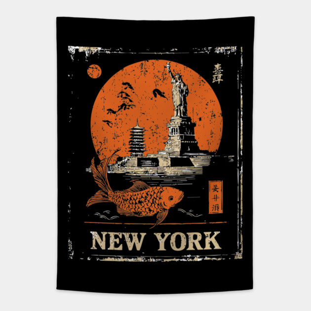 Statue of Liberty Retro Japanese Art Print Tapestry by TuncGK