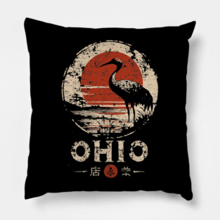 Ohio Heron Bird at Sunset Retro Japanese Print Pillow