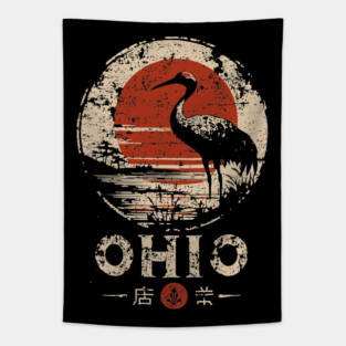 Ohio Heron Bird at Sunset Retro Japanese Print Tapestry