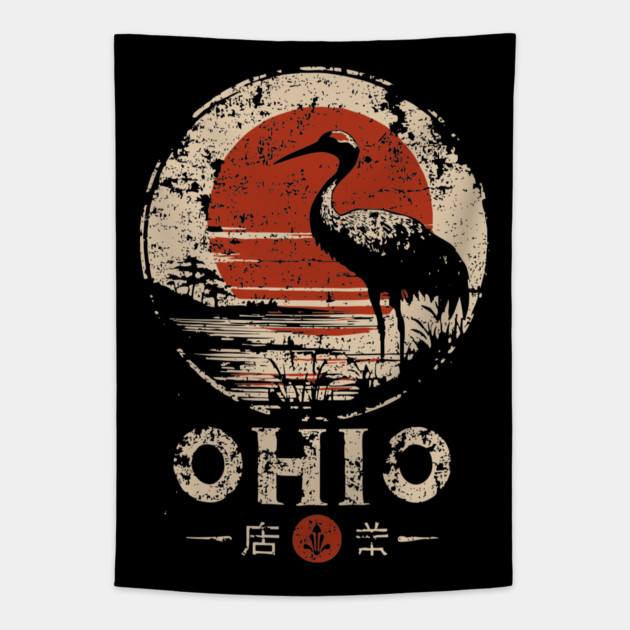 Ohio Heron Bird at Sunset Retro Japanese Print Tapestry by TuncGK