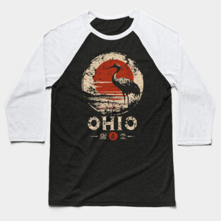 Ohio Heron Bird at Sunset Retro Japanese Print Baseball T-Shirt