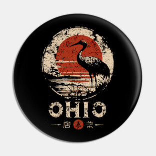 Ohio Heron Bird at Sunset Retro Japanese Print Pin