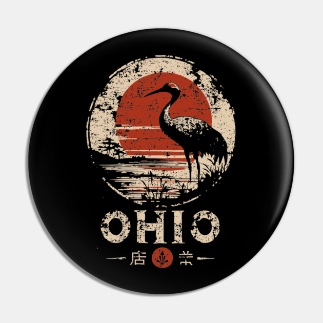 Ohio Heron Bird at Sunset Retro Japanese Print Pin by TuncGK