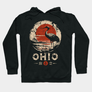 Ohio Heron Bird at Sunset Retro Japanese Print Hoodie