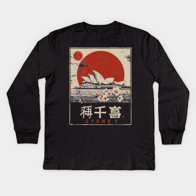 Sydney Opera House Red Sun Japanese Poster Kids Long Sleeve T-Shirt by TuncGK
