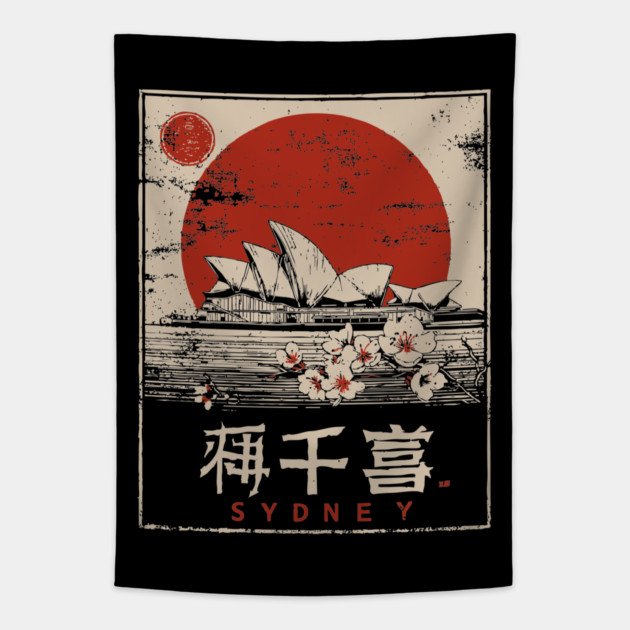 Sydney Opera House Red Sun Japanese Poster Tapestry by TuncGK