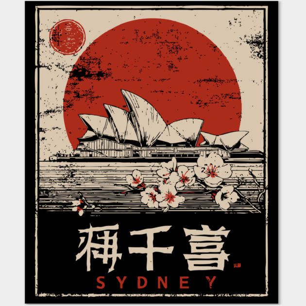 Sydney Opera House Red Sun Japanese Poster Wall Art by TuncGK