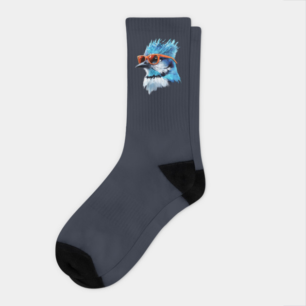Blue Jay Wearing Sunglasses Socks by Creatifly Graphic Tees