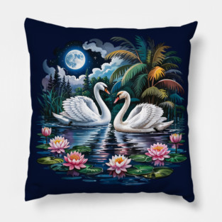 Two White Swans in Pond with Water Lilies Pillow