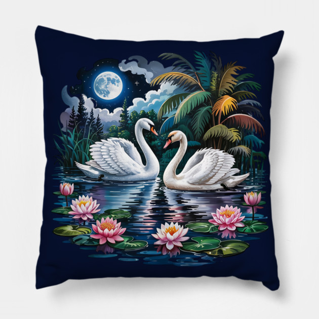 Two White Swans in Pond with Water Lilies Pillow by BirdsnStuff